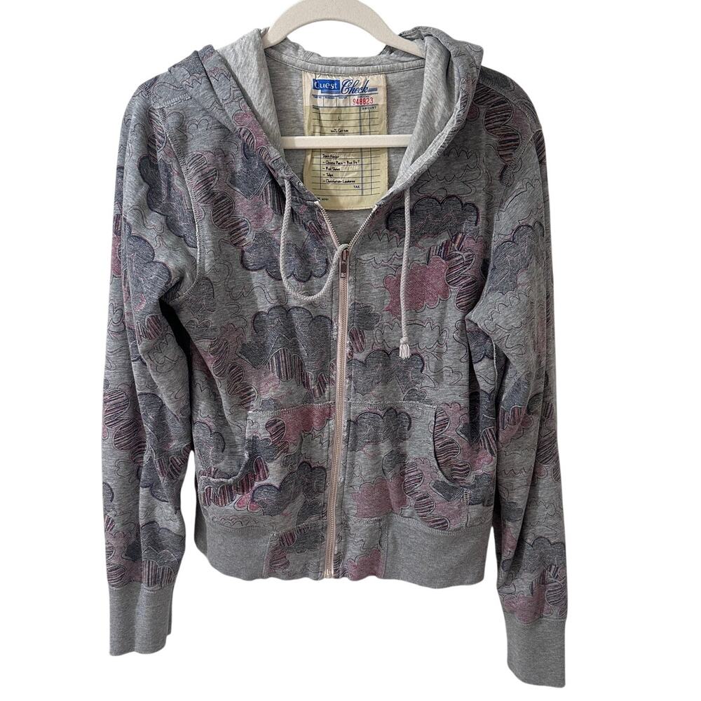 Guest Check Grey Full Zip Hoodie Whimsical Hand-Drawn Clouds Y2K Indie Sleaze L